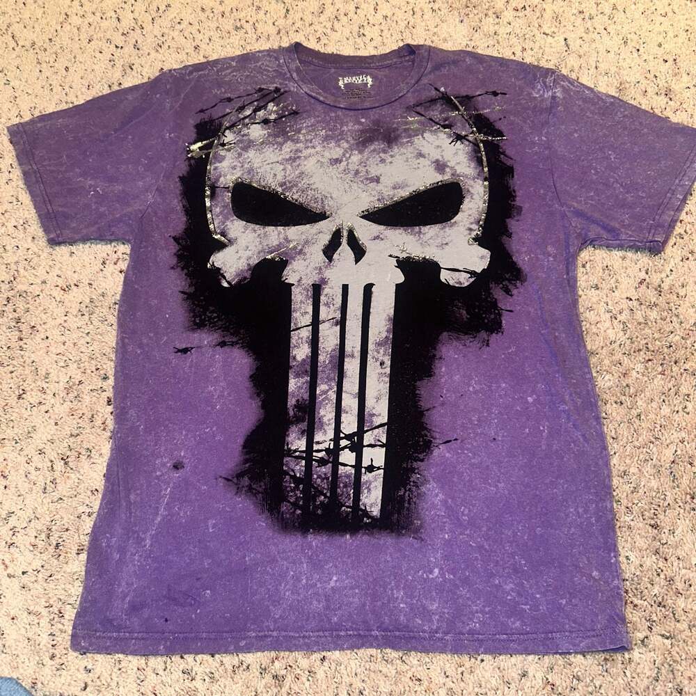 Marvel Extreme The Punisher Skull Logo Acid Wash Purple Tee